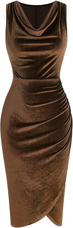 ZAFUL Womens Sleeveless Velvet Cocktail Dresses Cowl Neck Party Midi Wedding Guest Dress Ruched S... | Amazon (US)