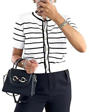 PRETTYGARDEN Womens 2024 Summer Button Down Striped Shirts Short Sleeve Knit Going Out Tops Dress... | Amazon (US)