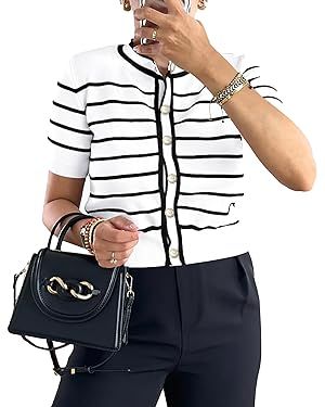PRETTYGARDEN Womens 2024 Summer Button Down Striped Shirts Short Sleeve Knit Going Out Tops Dress... | Amazon (US)