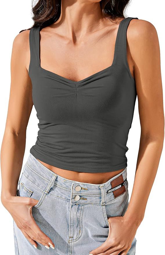 Cropped Tank Top Ruched Sweetheart Neckline Sleeveless Backless Going Out Double Lined Cute Crop ... | Amazon (US)