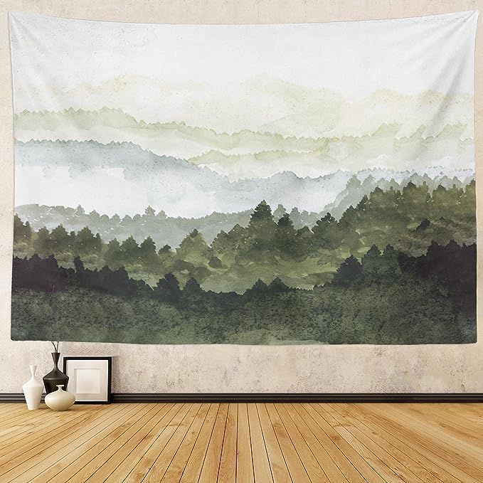 Misty Mountain Tapestry Wall Hanging Foggy Forest Tree Nature Landscape Tapestries Green Watercol... | Amazon (US)