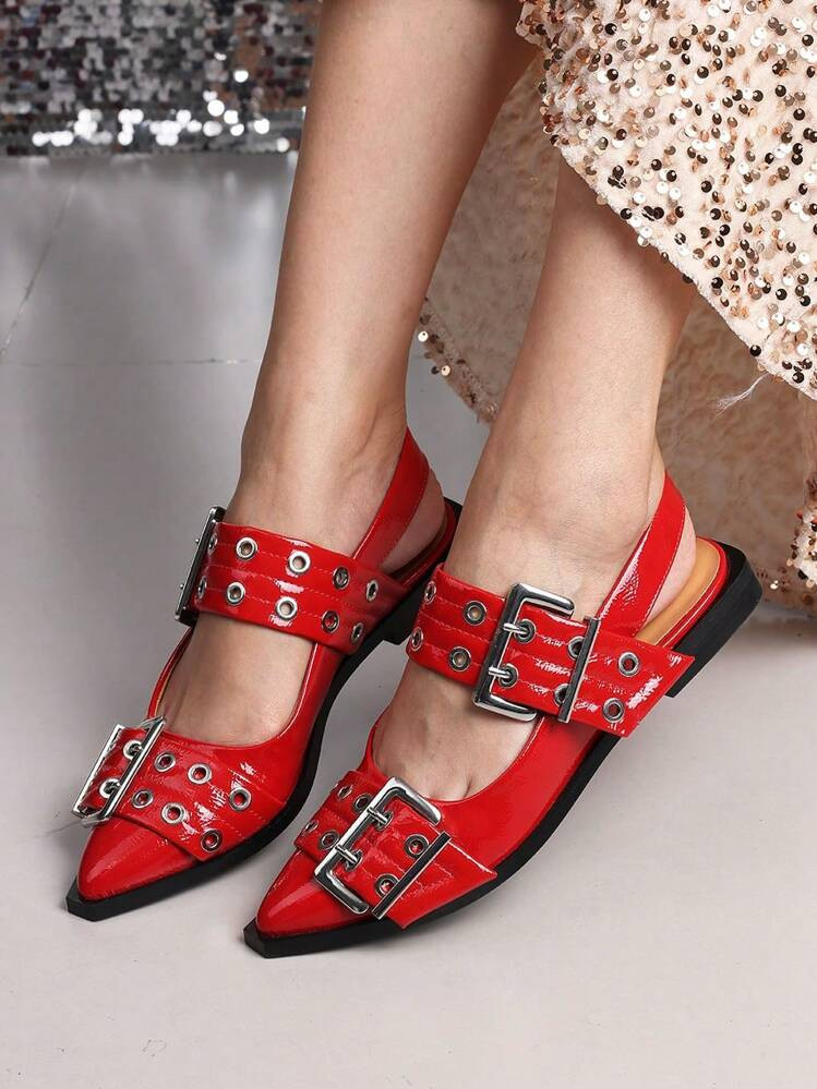 Women Metal Double Buckle Belt Decor Chunky Low Heel Comfort Pointy Toe Pumps Punk Back Strap Single Flat Shoes | SHEIN