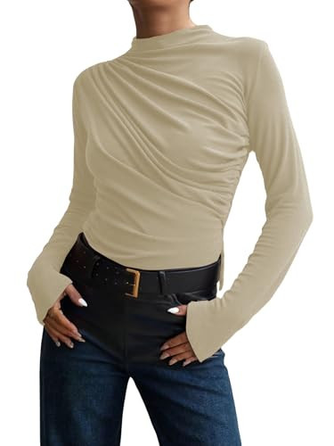 SweatyRocks Women's Mock Neck Ruched T Shirt Long Sleeve Casual Basic Top Apricot Small | Amazon (US)