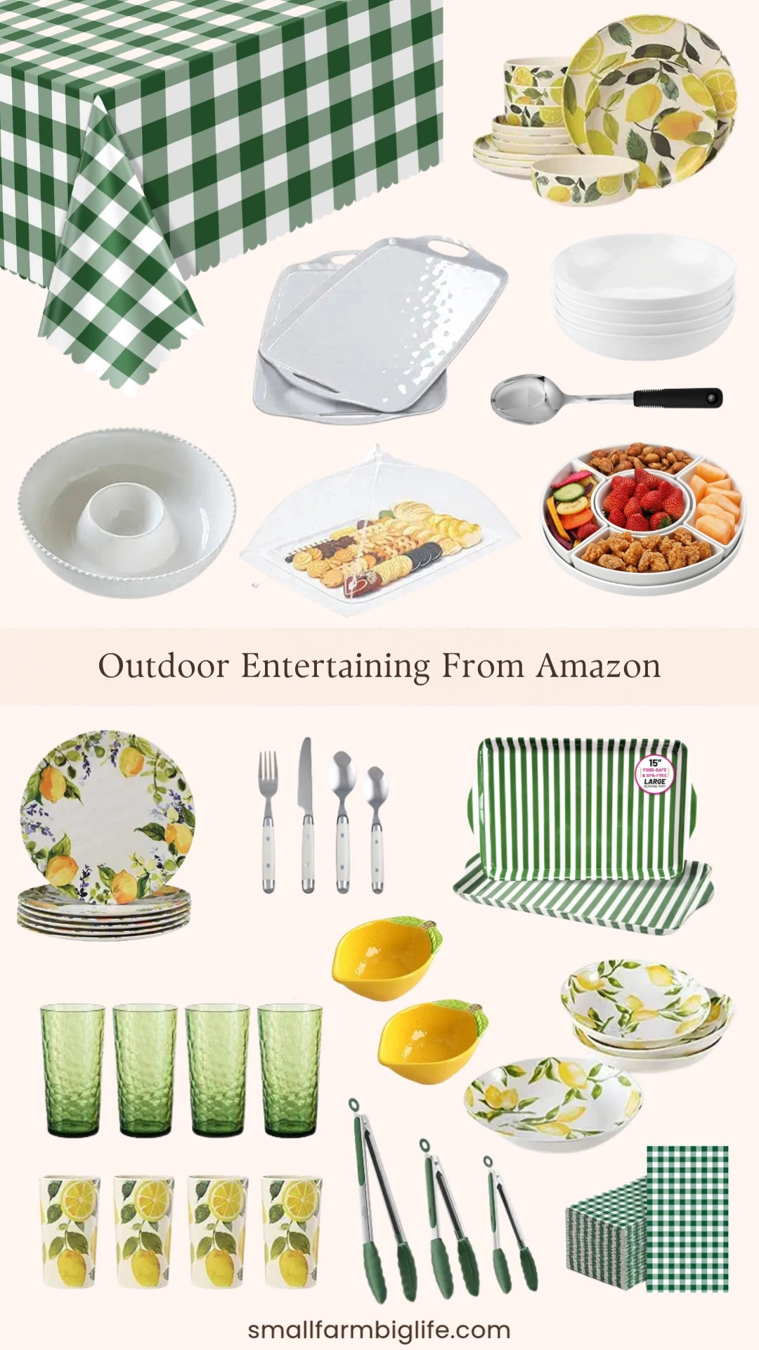 Lemon and green gingham is such a cheerful and fresh combination for summer entertaining and Amazon has everything you need to put together a beautiful outdoor table spread. I love the melamine lemon dinnerware set and lemon pasta bowls for a cohesive look that is durable enough for outdoor use, and the lemon shaped bowls and chip and dip tray are such fun serving pieces for a party spread. The green gingham tablecloths and matching disposable napkins tie the whole look together beautifully and make cleanup so much easier after a cookout. The melamine serving trays, divided serving dishes, and food covered plastic trays are all practical pieces that make hosting outdoors so much simpler, and the acrylic tumblers and green plastic tumblers are perfect for keeping drinks cold outside. Tap to shop! 

 #LTKfoodie #LTKHome #LTKSaleAlert