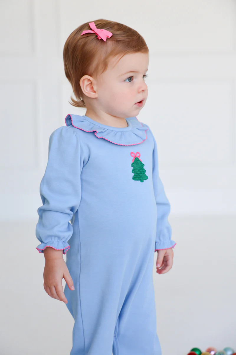Long Sleeve Ramona Ruffle Romper - Barrington Blue with Christmas Tree | The Beaufort Bonnet Company