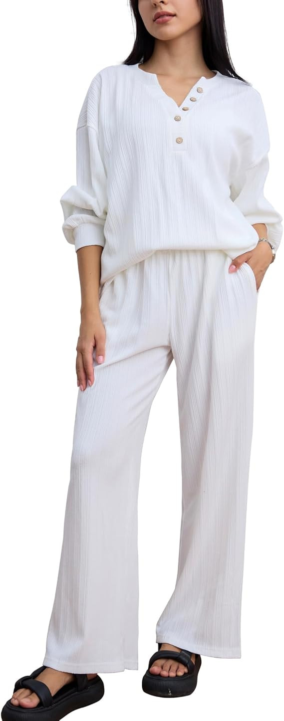 Ekouaer Womens Long Sleeve Knit Lounge Set Casual Sweater Slouchy Pajama Set Cozy Loose Loungewea... | Amazon (US)