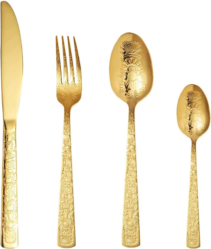 Gold Silverware Set, Luxury Style Stainless Steel Flatware, Stainless Steel Flatware Set for Home... | Amazon (US)