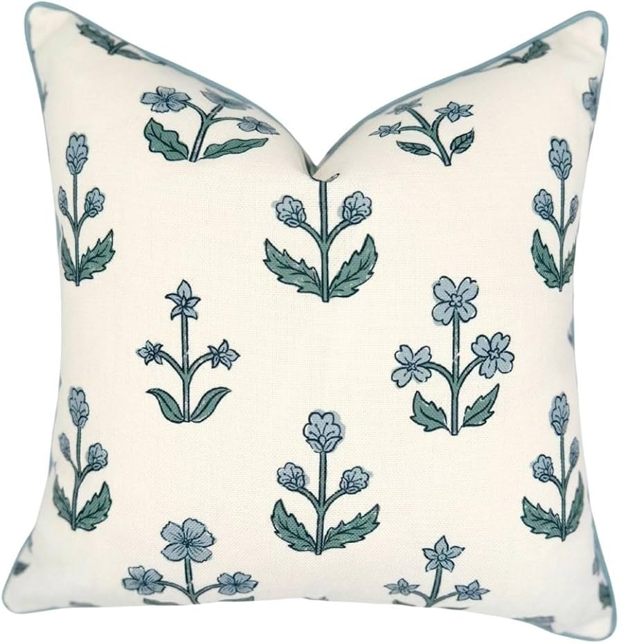 "The Bella” Floral Block Print Pillow Cover – Blue & White Decorative Throw Pillow Cover with... | Amazon (US)