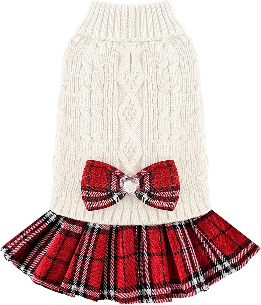Small Dog Sweater Dog Christmas Sweater Dress with Bowtie Soft Warm Turtleneck Knitted Festival P... | Amazon (US)