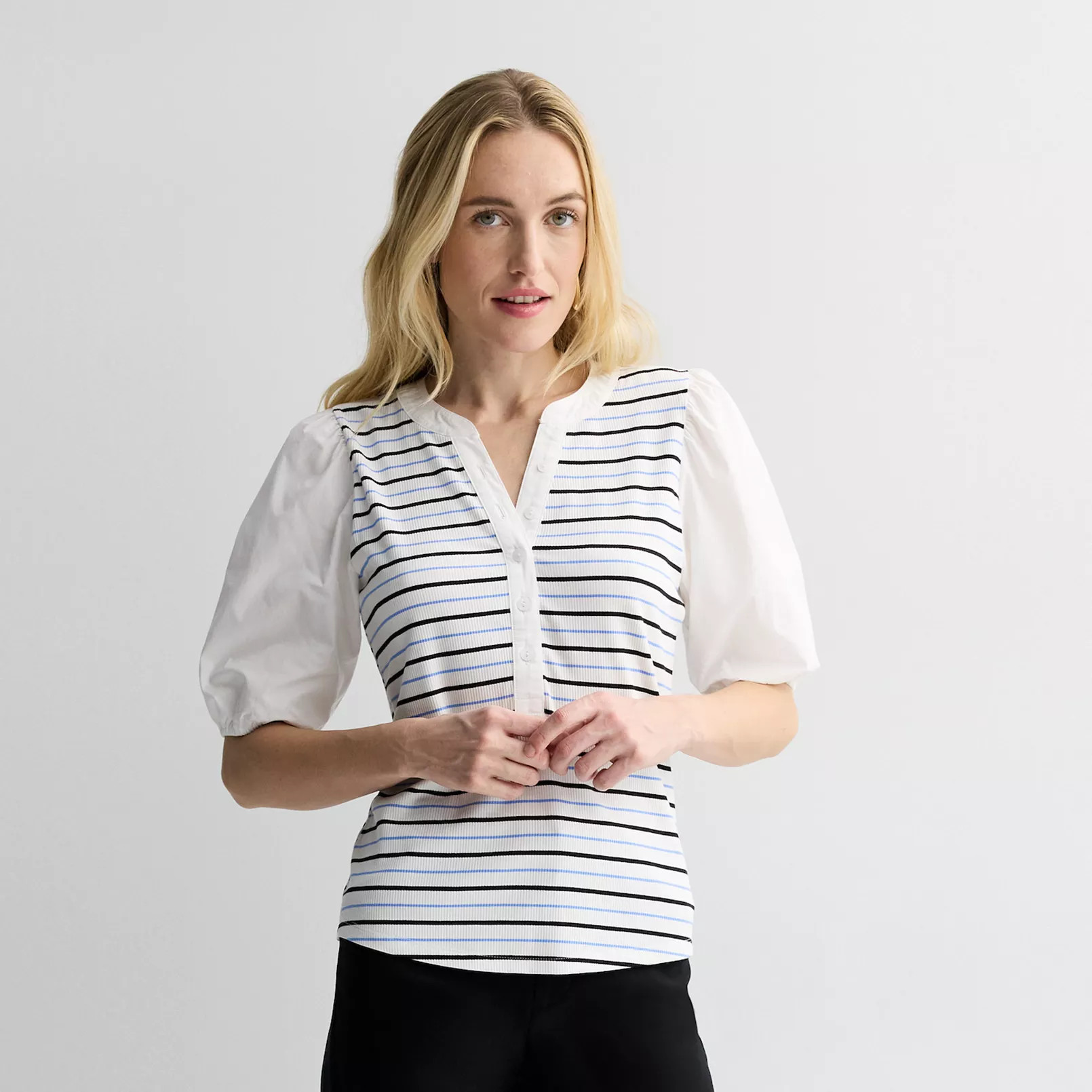 Women's Nine West Mixed Media Henley Puff Sleeve Top | Kohl's