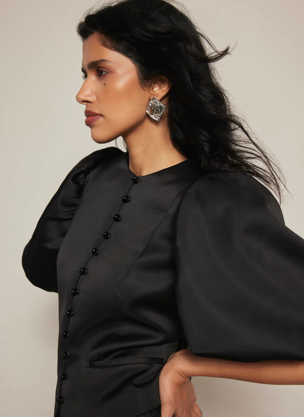 Black Puff Sleeve Satin Jacket | Mint Velvet