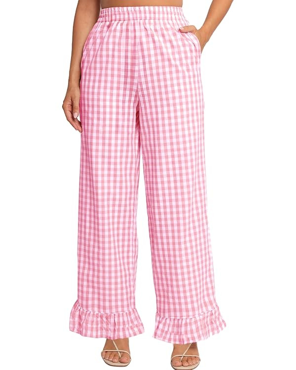 COZYPOIN Women's Gingham Pants Cotton Plaid Ruffle Hem Lounge Boxer Pant Y2K Pj Bottoms Casual Wi... | Amazon (US)