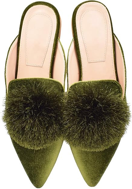 Fericzot Slip On Mule Backless Loafers Flats Puff Pompom Pointed Toe Casual Shoes Slippers | Amazon (US)