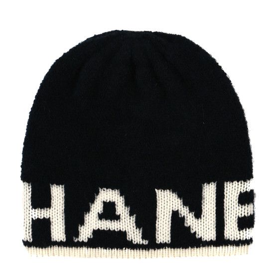 CHANEL Cashmere Wool Silk Blend Logo Beanie Hat Black White | FASHIONPHILE (US)