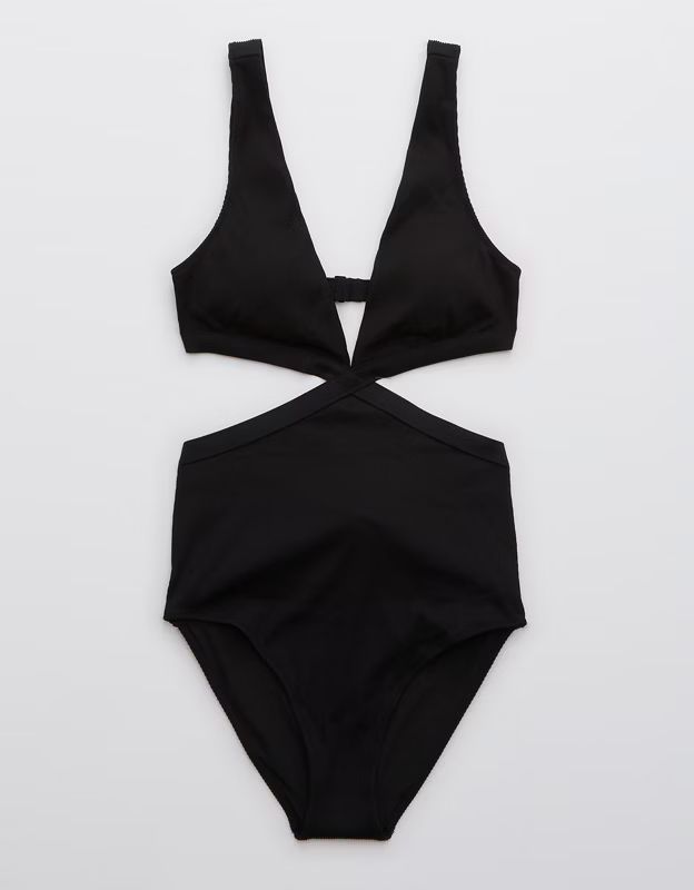 Aerie Ribbed Mix Crossover Cut Out One Piece Swimsuit | American Eagle Outfitters (US & CA)