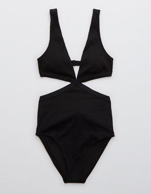 Aerie Ribbed Crossover Cut Out One Piece Swimsuit | American Eagle Outfitters (US & CA)