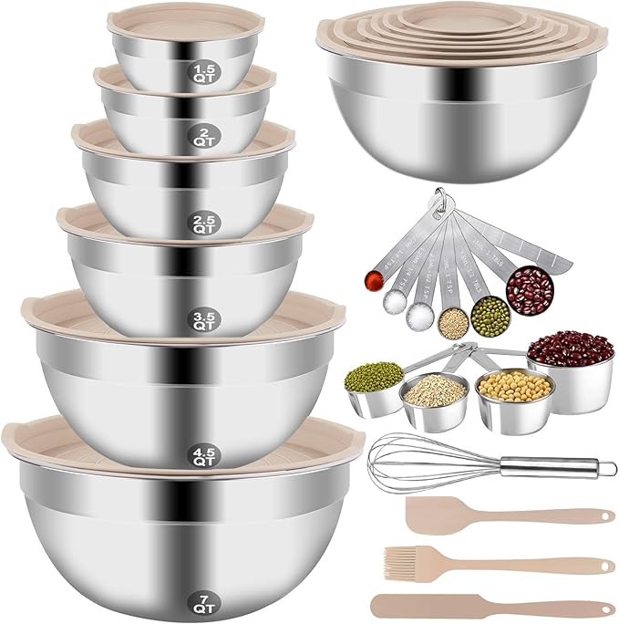 Mixing Bowls Set, 27PCS Khaki Mixing Bowls With Lids Set Stainless Steel Kitchen Large Nesting Me... | Amazon (US)