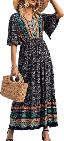 Amazon.com: Summer Dresses for Women 2024 Floral Bohemian Flowy Maxi Dresses Casual Short Sleeve Boho Swing Long Beach Dress | Amazon (US)