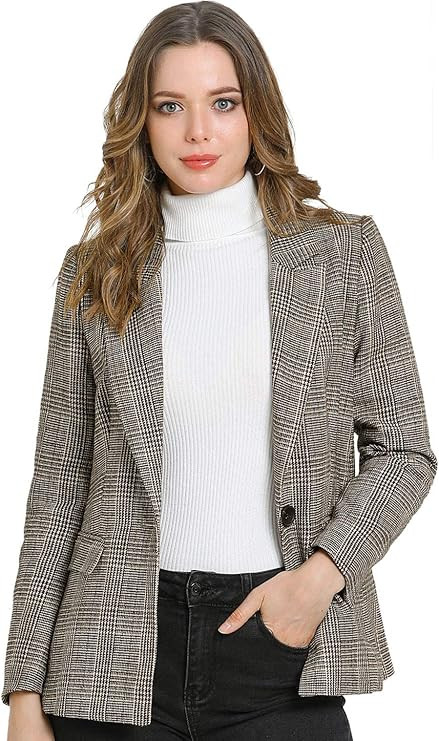 Allegra K Women's Plaid Notched Lapel One Button Houndstooth Blazer Jacket | Amazon (US)