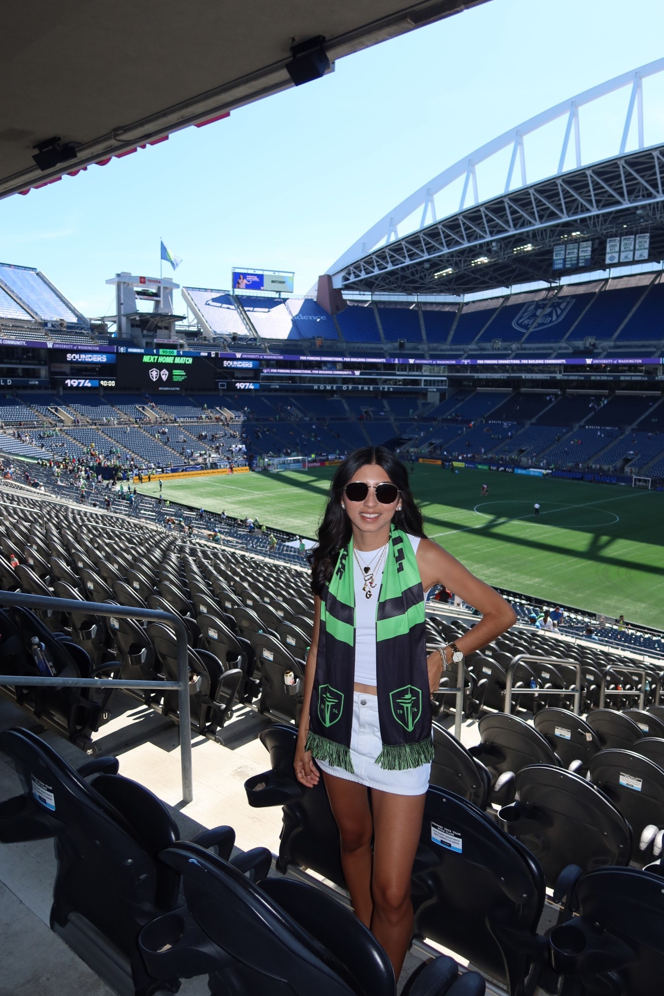 white denim skirt, white tank, summer outfit, city day outfit, soccer match outfit