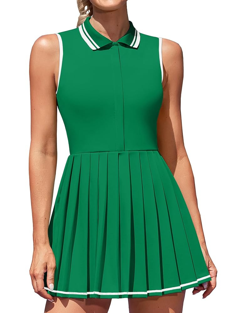 ATTRACO Women Tennis Dresses Ribbed Polo Golf Dress Half Zip Pleated Workout Dress with Built in ... | Amazon (US)
