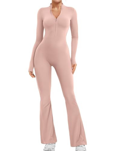YEOREO Women Long Sleeve Flare Workout Jumpsuit Zip Up Romper Bottom Pants Wide Leg Bodysuit Bodycon Sexy One Piece Pink L | Amazon (US)