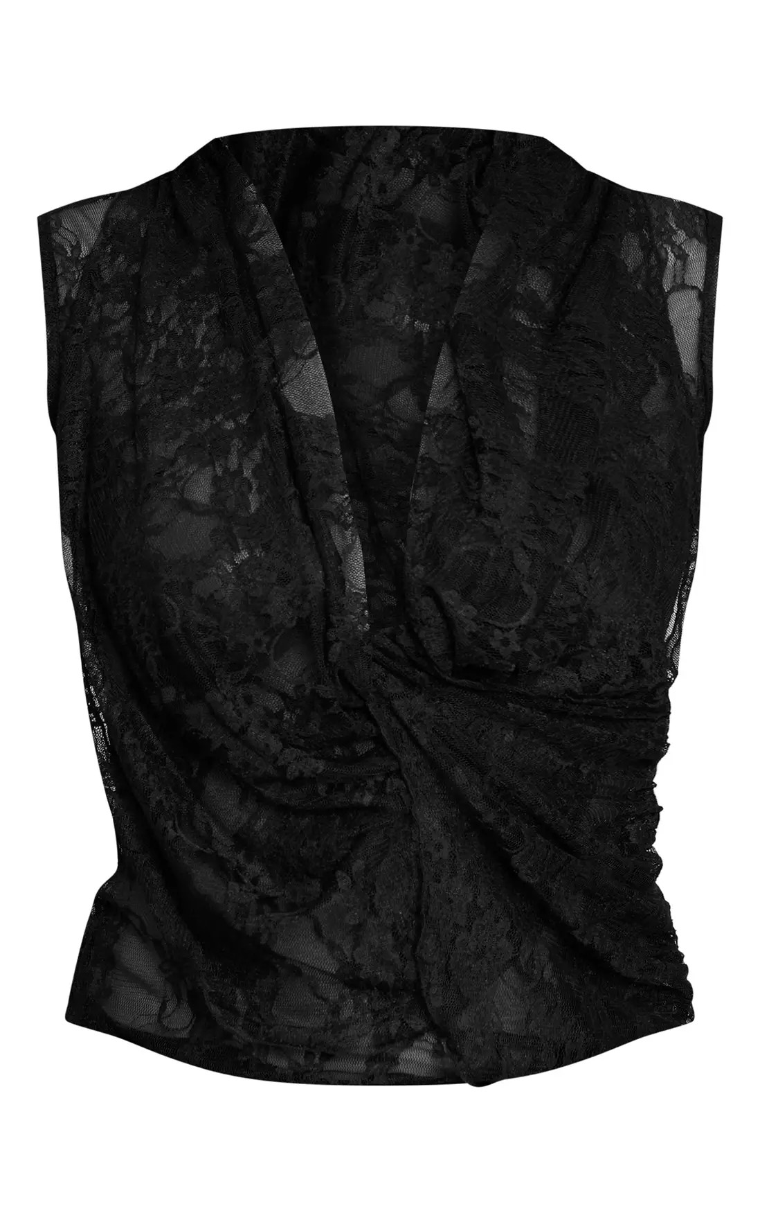 Black Lace Cowl Drape Ruched Long Top | PrettyLittleThing USA | PrettyLittleThing US