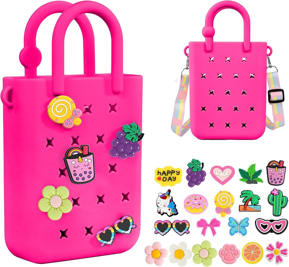 Silicone Small Rubber Beach Bag with 20 Charms, Hole Handbag With Adjustable Shoulder Strap, Girl... | Amazon (US)
