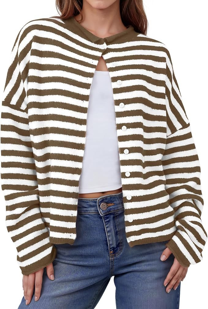 Womens Striped Cardigans Lightweight Casual Button Up Sweaters Long Sleeve Loose Knit Cardigan Sw... | Amazon (US)