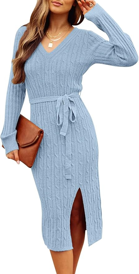 MEROKEETY Women's V Neck Cable Knit Sweater Dress Long Sleeve Bodycon Slit Pullover Midi Dress wi... | Amazon (US)