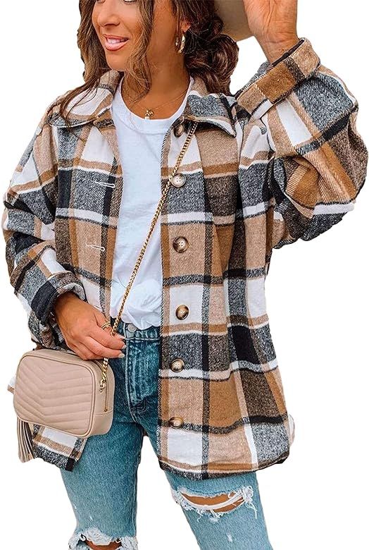 Himosyber Women's Casual Bust Woolen Plaid Lapel Button Down Shacket Jacket Shirts Coat | Amazon (US)