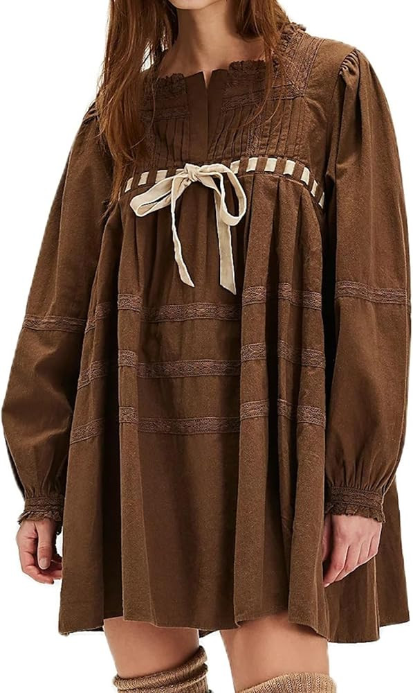 Womens Pleated Mini Dress Cute Bow Tie Puff Long Sleeve Pullover Hollow Out Drawstring Patchwork ... | Amazon (US)