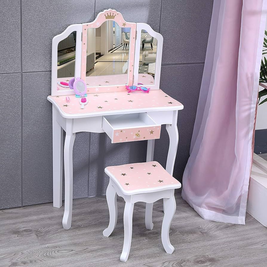 Nromant Vanity Table and Chair Set, Girls Vanity Set with Tri-Folding Mirror and Stool, Makeup Dr... | Amazon (US)