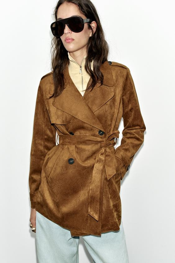 Zara - Belted Suede Effect Trench Coat - Brown - S - Woman | Zara US