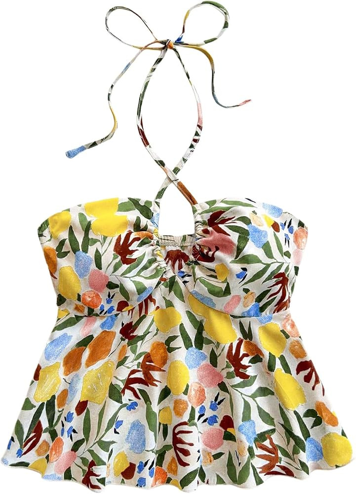 SOLY HUX Women's Boho Print Halter Cami Top Sleeveless Backless Ruffle Flared Summer Crop Tops | Amazon (US)