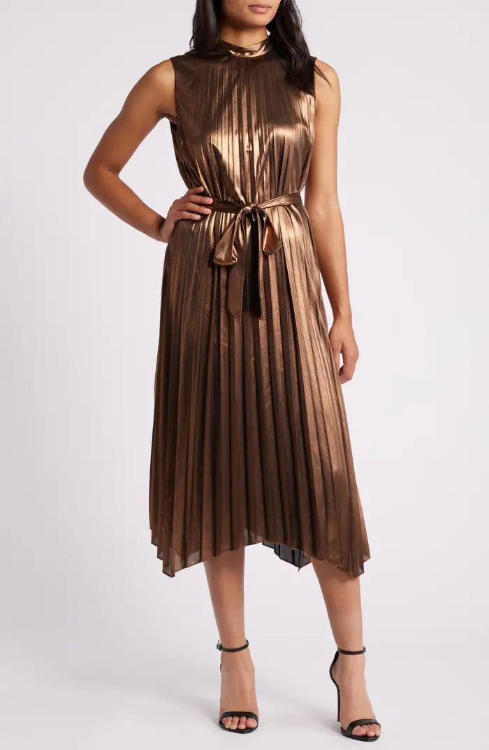 Pleated Satin Mock Neck Tie Waist Dress | Nordstrom