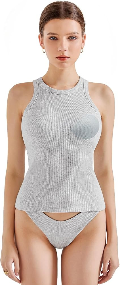 SUUKSESS Women Padded Cotton Ribbed Tank Tops High Neck Racerback Basic Tops | Amazon (US)