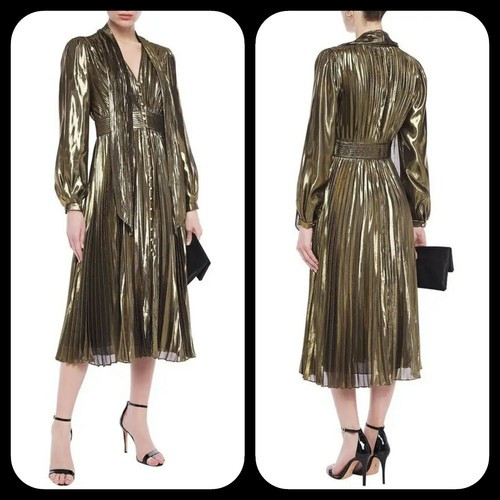 NEW $845 Equipment Woman Macin Pleated Silk-Blend Lamé Midi Dress Gold size 4  | eBay | eBay US