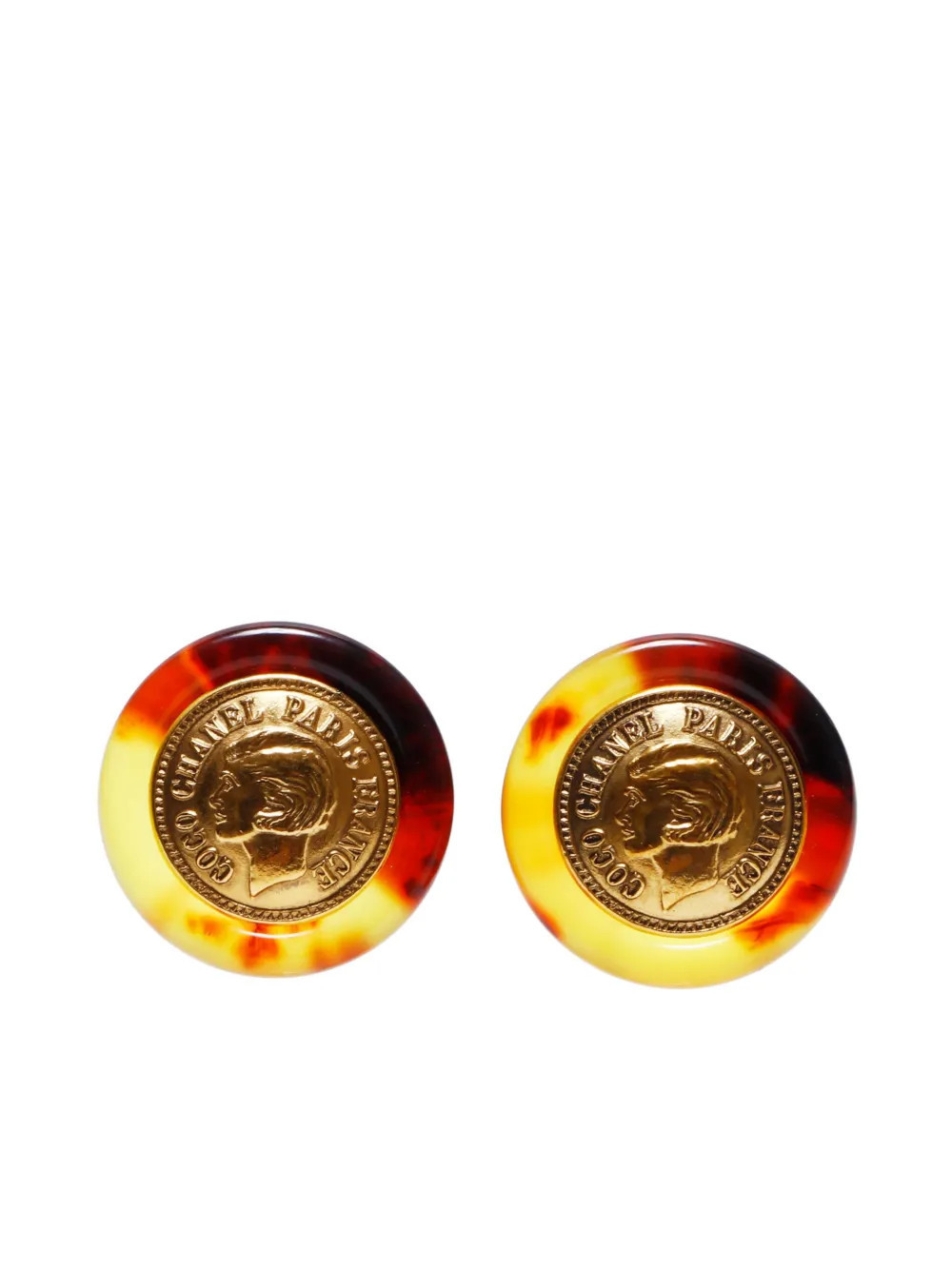 CHANEL Pre-Owned 1997 tortoiseshell-effect coin clip-on earrings - Brown | Farfetch Global