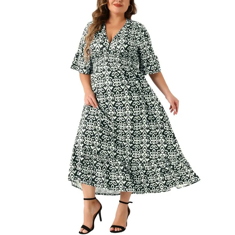 Agnes Orinda Plus Size Dress for Women  Bell Sleeve Ruffled Hem V Neck Short Sleeve Boho a Line L... | Walmart (US)