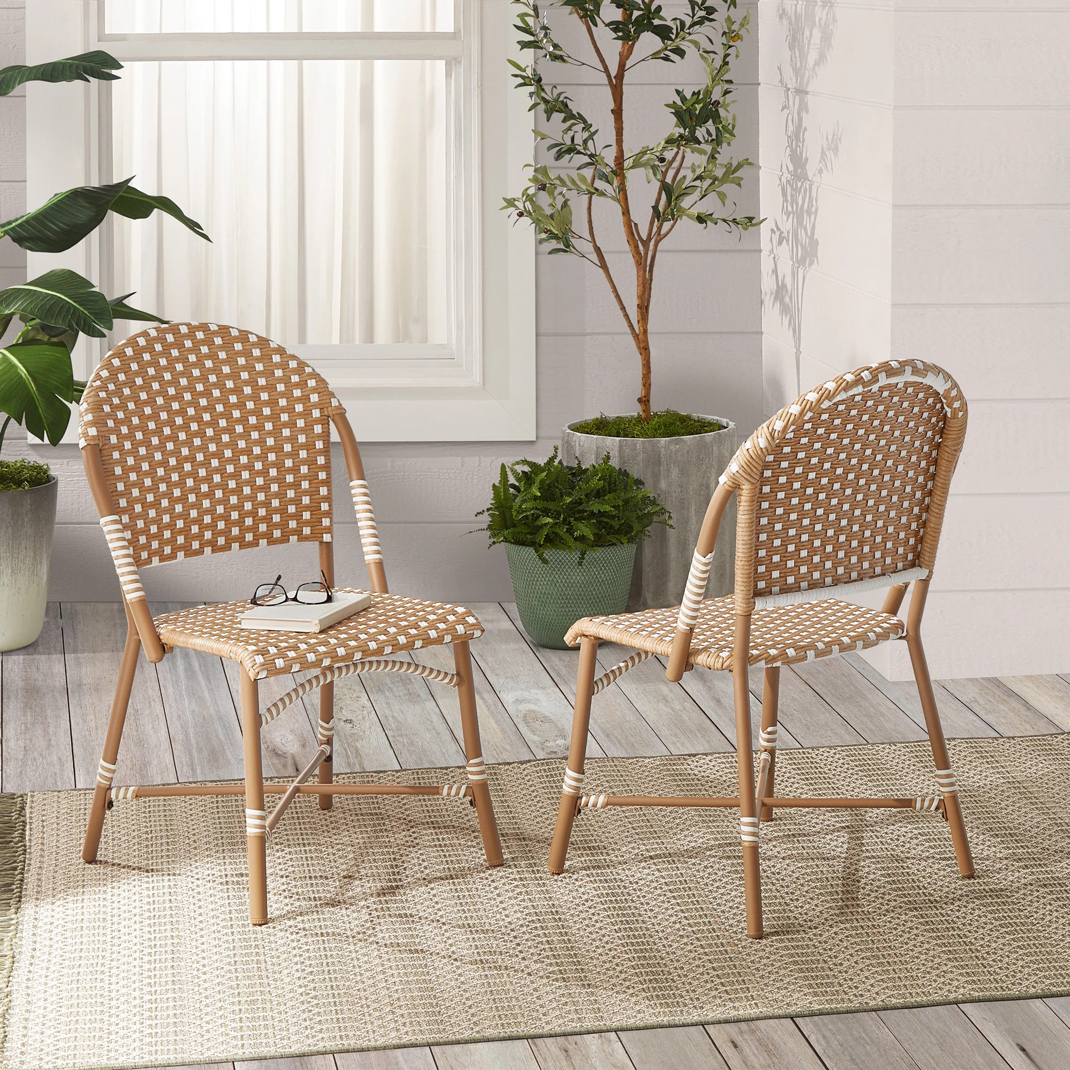Better Homes & Gardens Lilah Outdoor 2-Piece Wicker Parisian Bistro Chairs, Tan & White | Walmart (US)