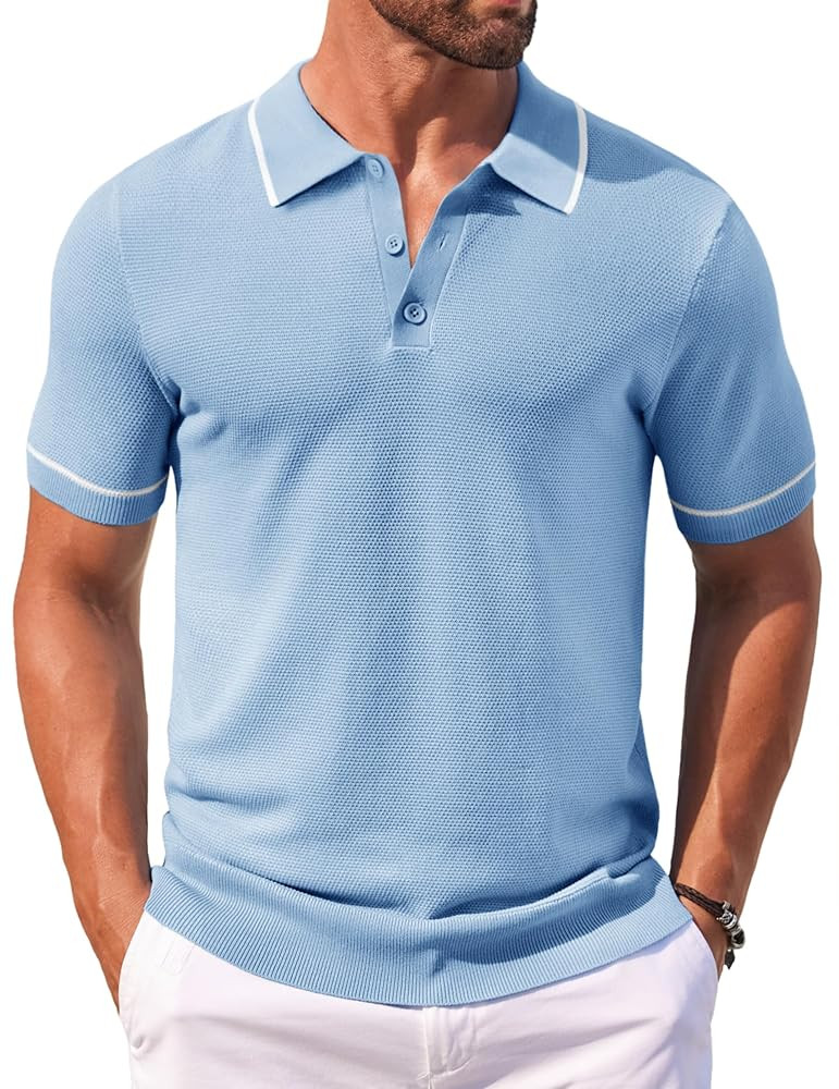 COOFANDY Men's Knit Polo Shirts Casual Short Sleeve Button Down Shirts Crochet Classic Golf Polo ... | Amazon (US)