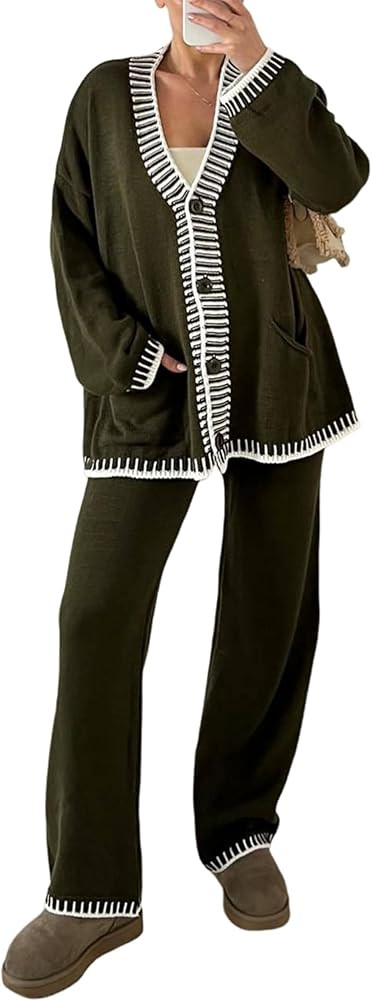 Women’s 2 Piece Outfits Lounge Set Knit Cardigan Sweater and High Waist Pants Matching Loungewe... | Amazon (US)