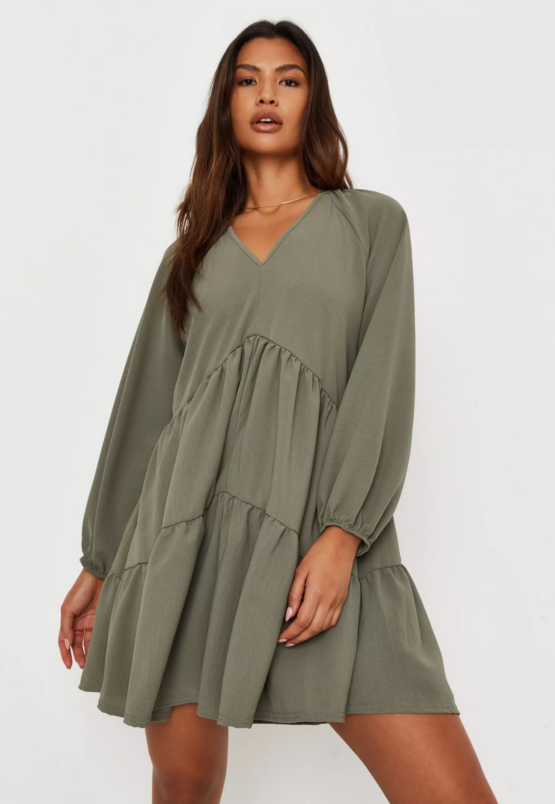 Missguided - Green Tiered V Neck Smock Dress | Missguided (US & CA)