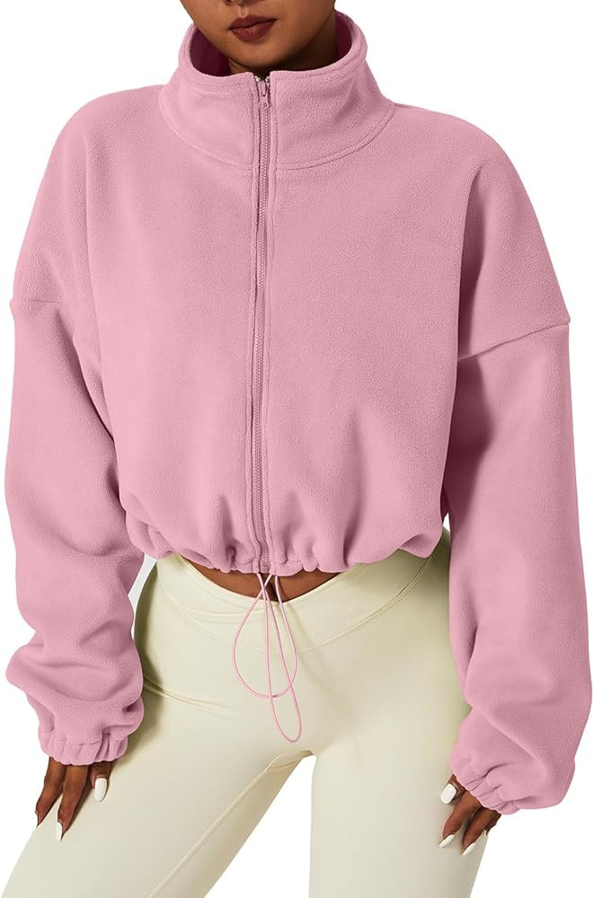 QINSEN Women's Full Zip Fleece Short Jacket Warm Winter Long Sleeve Stand Collar Sherpa Crop Coat | Amazon (US)