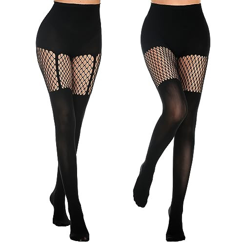 MANZI Womens Faux Thigh High Fishnet Stockings Stitching Opaque Pantyhose Mock Over the Knee Goth Tights Striped Suspender Nylons(1 Grid+1 Suspender) | Amazon (US)