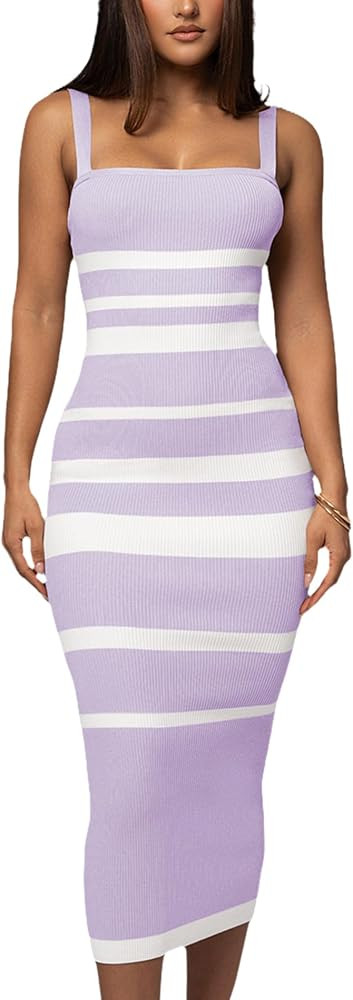 Women's Casual Spring Summer Striped Midi Dress Ribbed Knit Sleeveless Bodycon Sweater Dresses | Amazon (US)