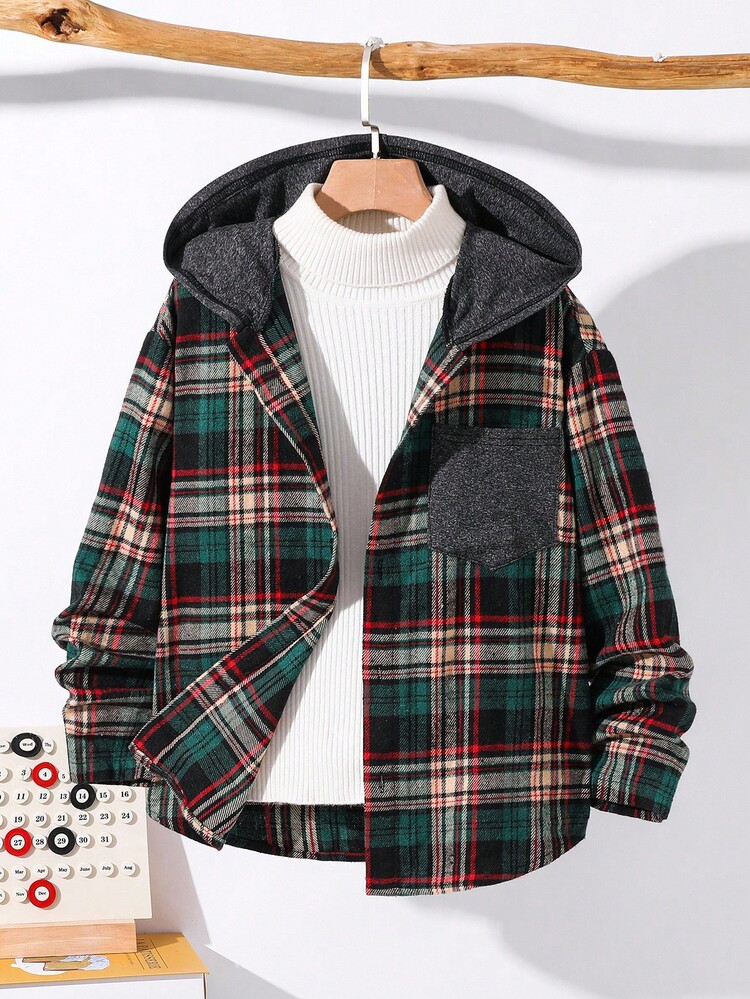 SHEIN Tween Boys' Casual Everyday Comfortable Plaid Patchwork Solid Color Hooded Long Sleeve Button-Up Shirt Fall Winter Suitable For Birthday Parties, Evening Parties, Performances, Weddings, Baptisms, Opening Ceremonies Daily Suitable For Daily Use Suitable For School Suitable For Travel Suitable For Sports Suitable For Autumn And Winter Jackets Hoodie With Conneted Pockets Boys Tween Boy Clothes Hoodie Boys Plaid Christmas Shirt | SHEIN