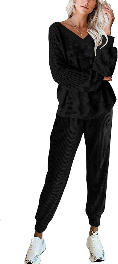 LYHNMW Women's Pajama Set 2 Piece Outfit Waffle Knit V-Neck Sweatsuits Jogger Pants Tracksuits Lo... | Amazon (US)