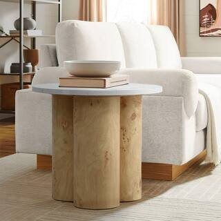 19.7 in. Burl Wood Finish Round MDF Wood End Table with Faux Marble Top | The Home Depot